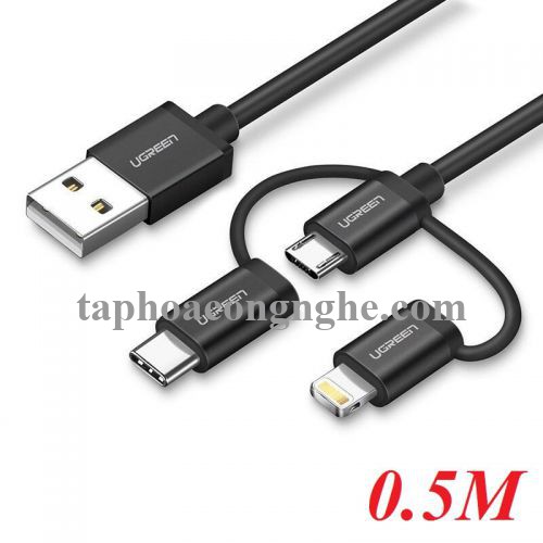 Ugreen 50204 0.5M Màu Đen Cáp sạc đa năng USB sang TypeC + Micro + Lightning có Chip MFI US186 30050204